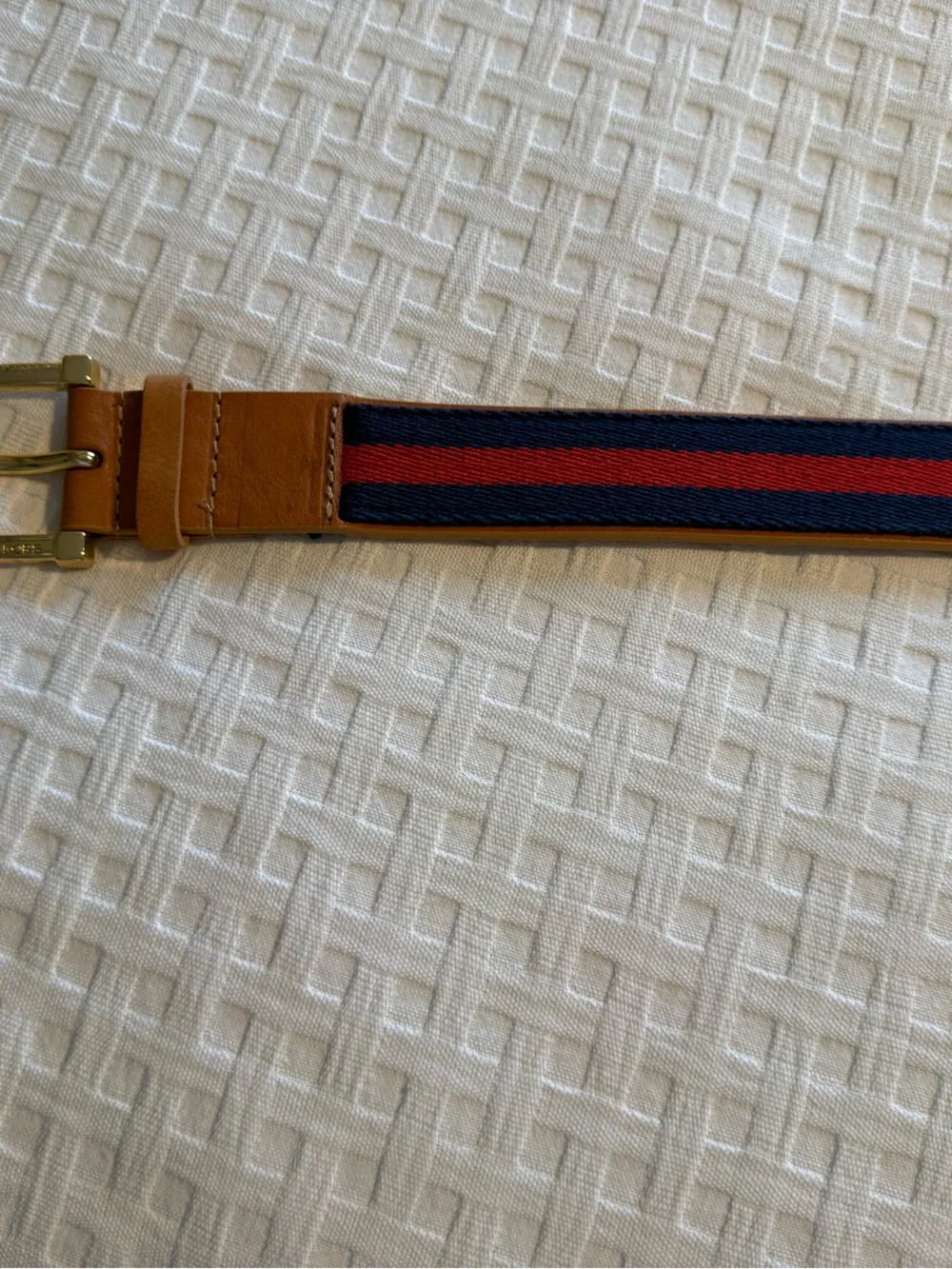 Michael Kors Gold Tone Buckle with Tan Leather blue and red stripe Accents